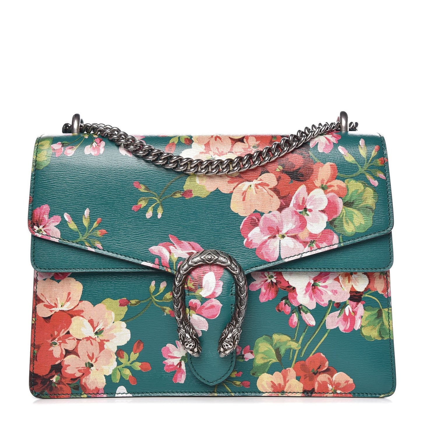 Calfskin Blooms Print Medium Dionysus Shoulder Bag Bright Emerald Multicolor