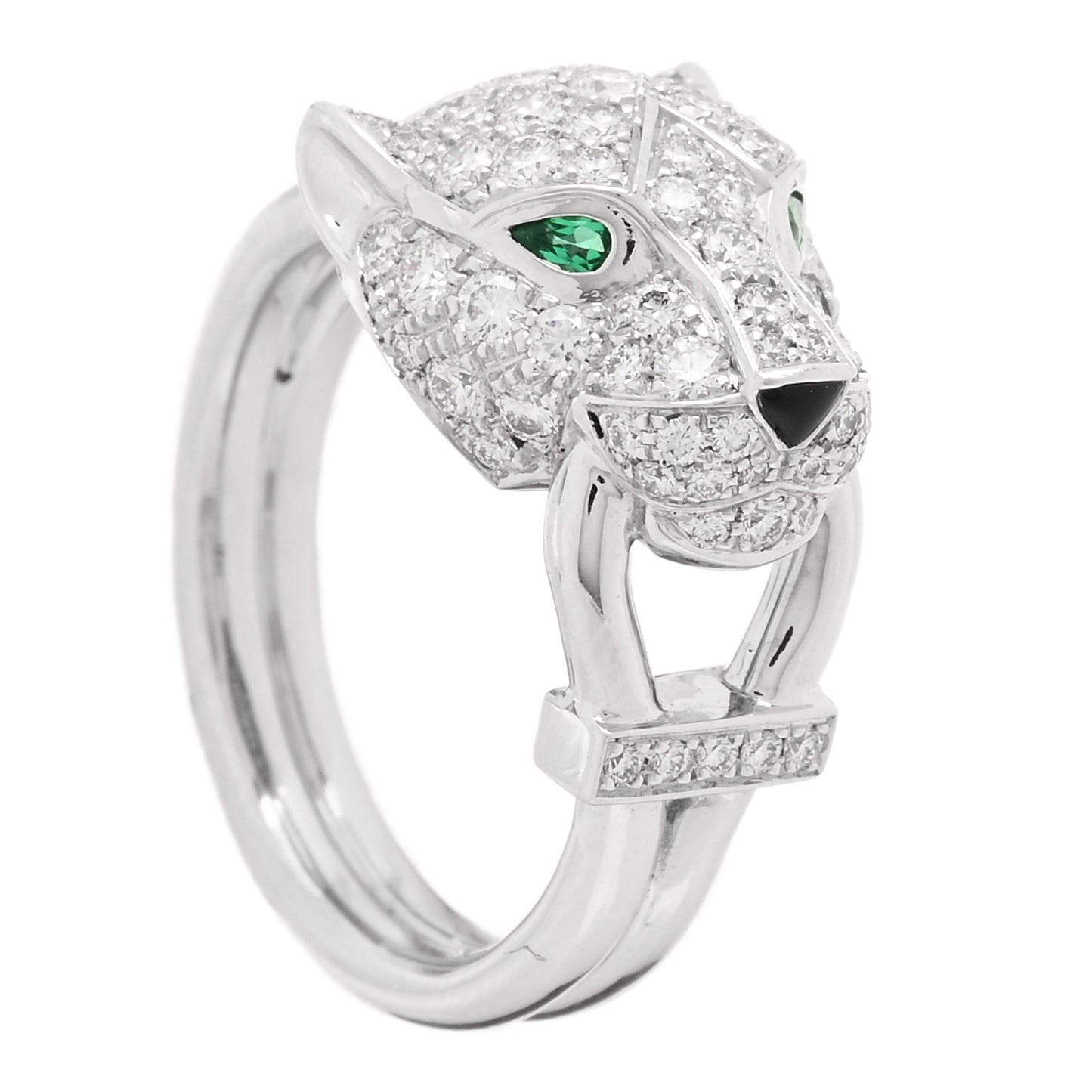18K White Gold Diamond Emerald Black Onyx Panthere de Cartier Ring 49 4.75