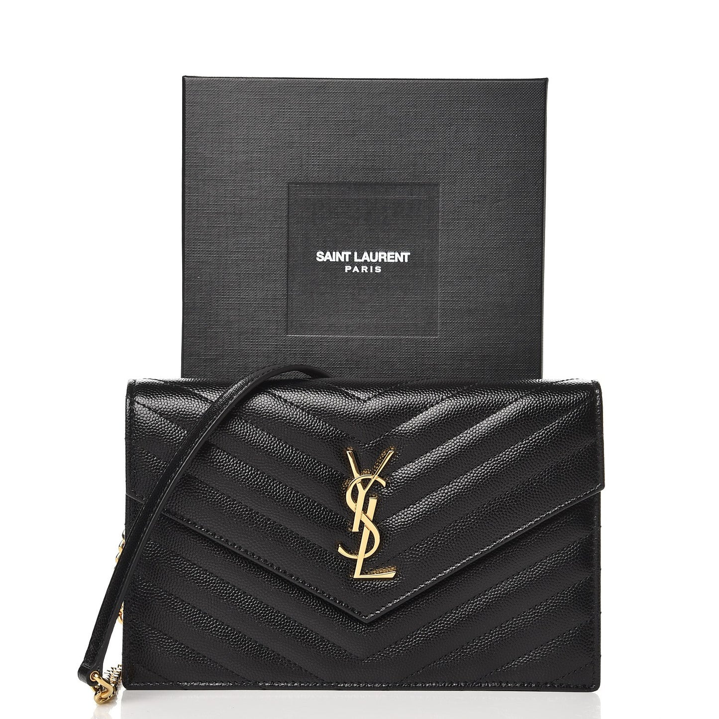 Grain De Poudre Matelasse Chevron Monogram Envelope Chain Wallet Black