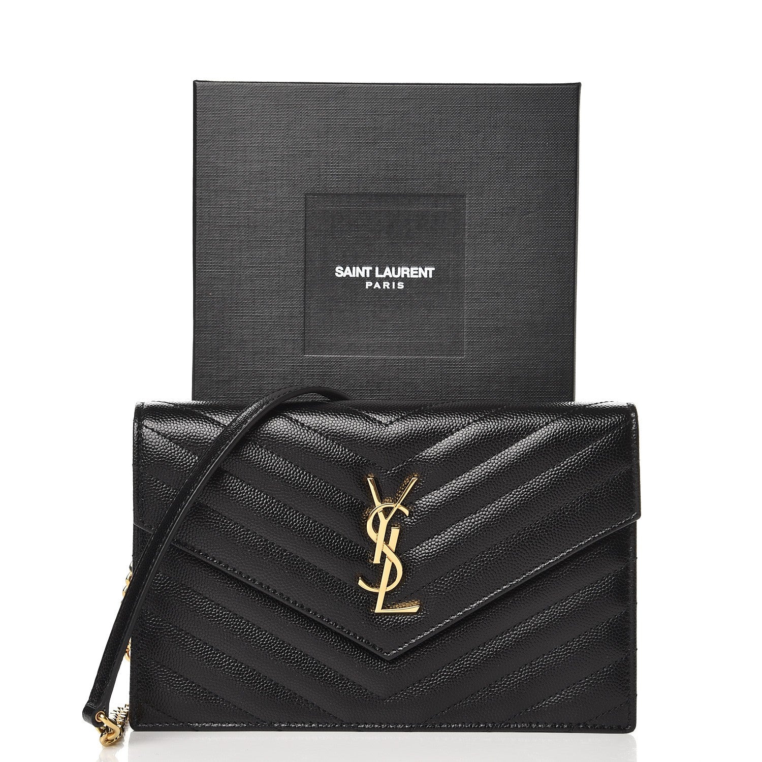 Saint Laurent Grain De Poudre Matelasse Chevron Monogram Envelope Chain Wallet Black 8 of 8