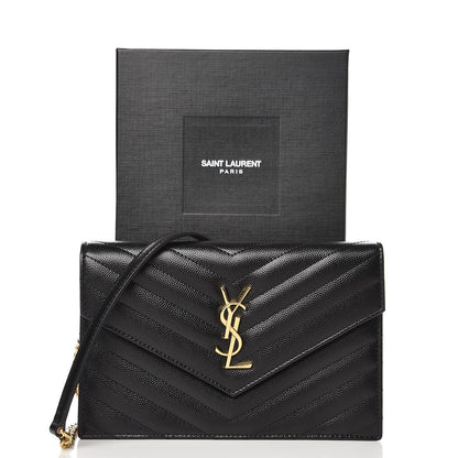 Saint Laurent Grain De Poudre Matelasse Chevron Monogram Envelope Chain Wallet Black 8 of 8