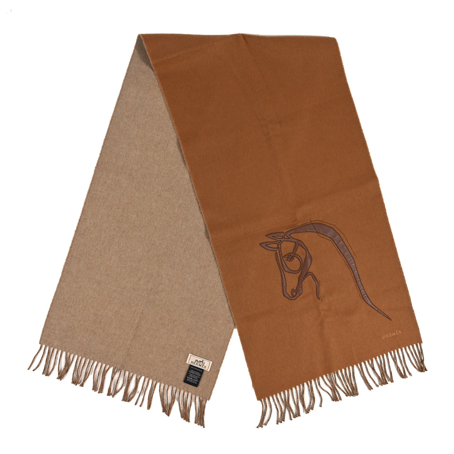 Cashmere Calfskin Cheval Au Trait Muffler Camel Beige