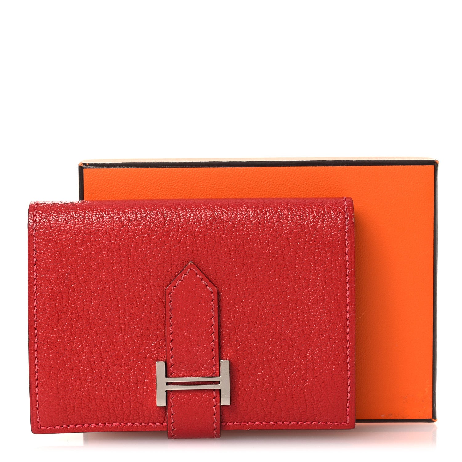 Hermes Chevre Mysore Bearn Card Holder Wallet Rouge Casaque