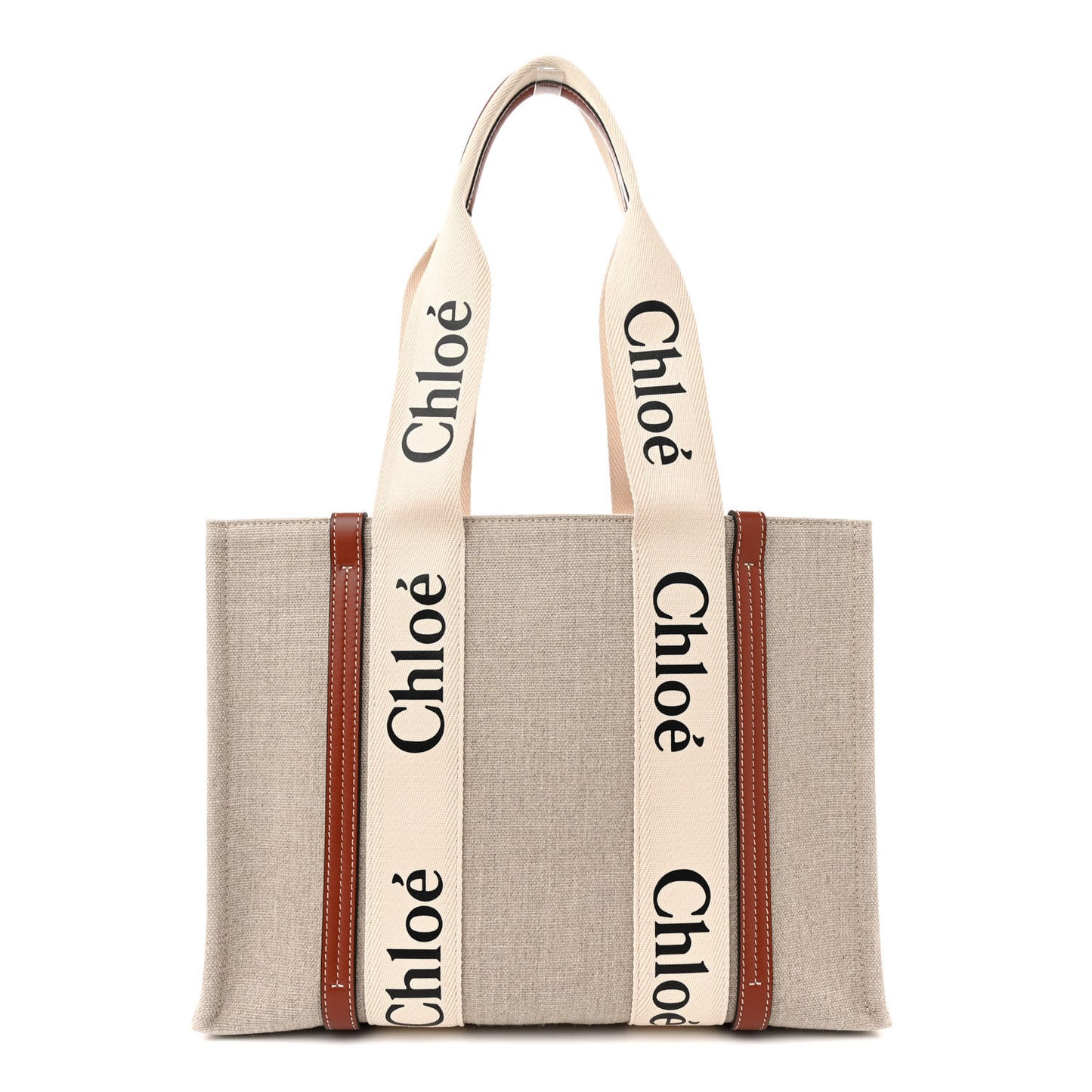 Linen Calfskin Medium Woody Ribbon Tote White Brown