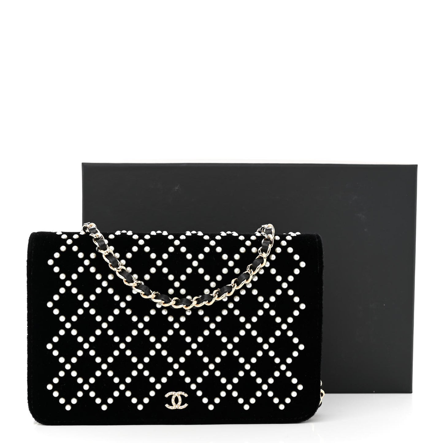 Velvet Pearl Diamond Embellished Wallet On Chain WOC Black