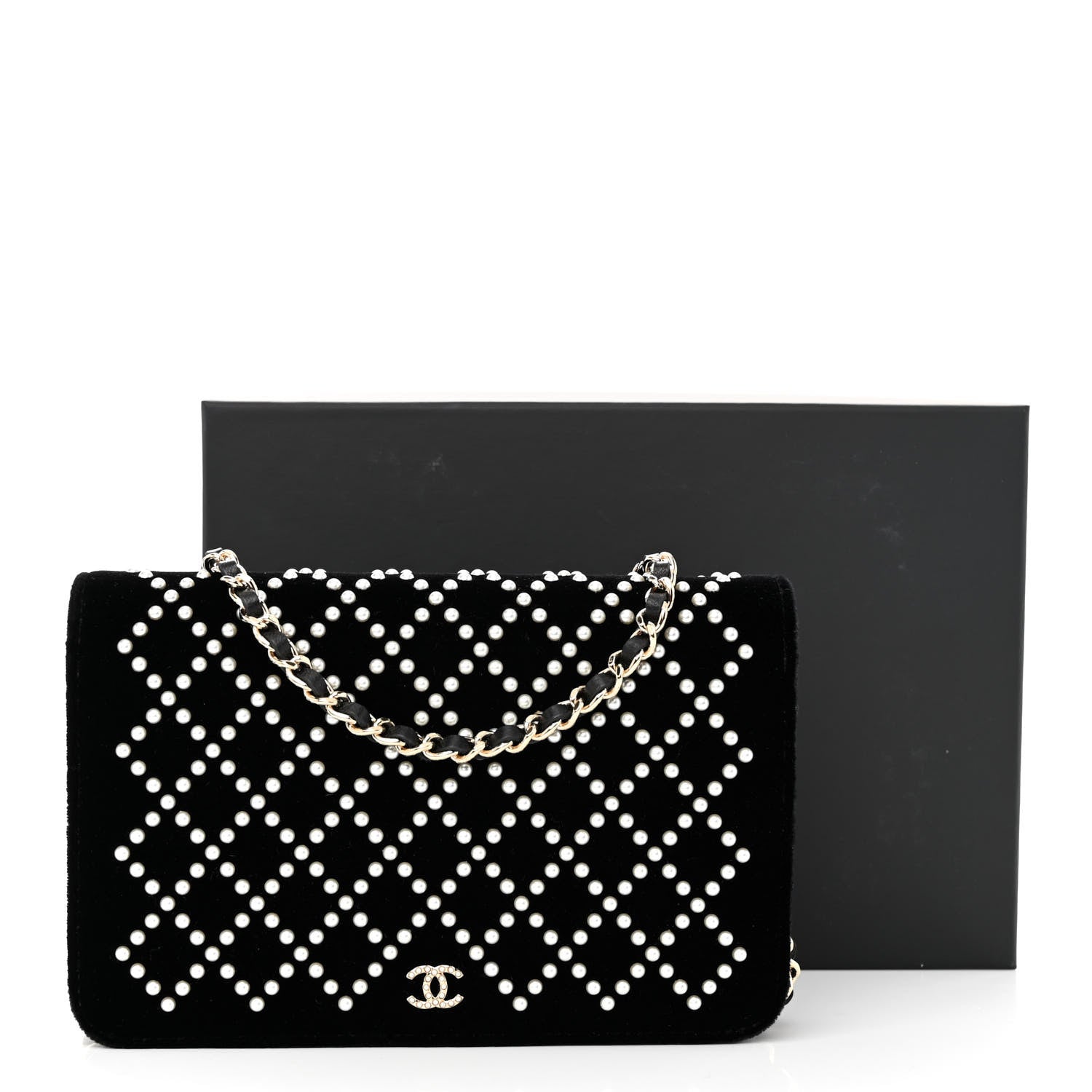 Chanel Velvet Pearl Diamond Embellished Wallet On Chain WOC Black 13 of 13