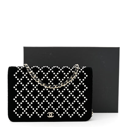 Chanel Velvet Pearl Diamond Embellished Wallet On Chain WOC Black 13 of 13