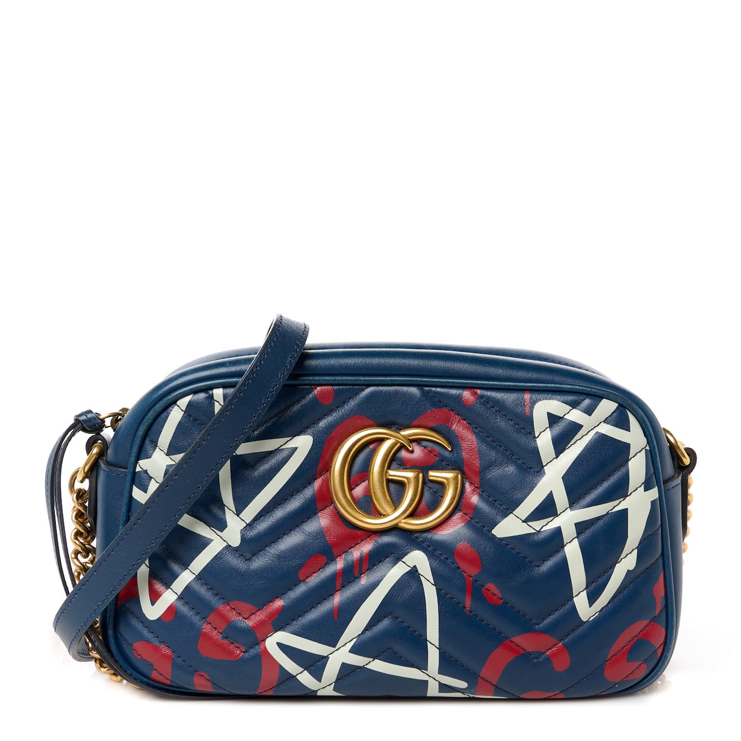 Calfskin Matelasse GucciGhost Small GG Marmont Chain Shoulder Bag Blue Agata Hibiscus Red