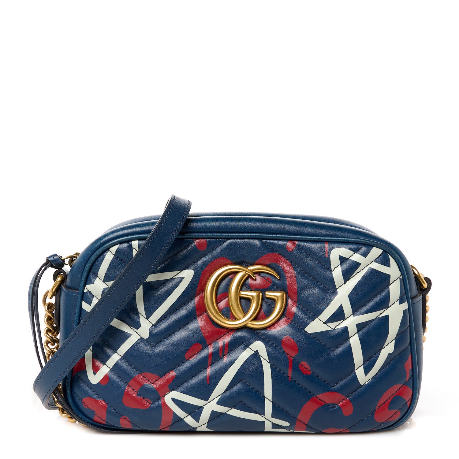 Gucci Calfskin Matelasse GucciGhost Small GG Marmont Chain Shoulder Bag Blue Agata Hibiscus Red 1 of 12