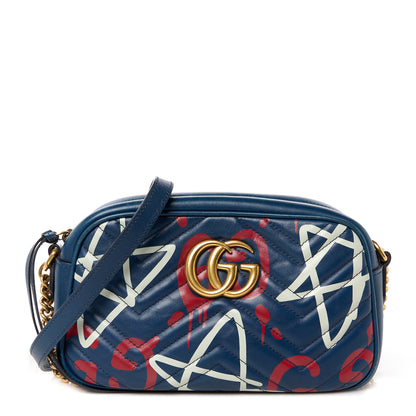 Gucci Calfskin Matelasse GucciGhost Small GG Marmont Chain Shoulder Bag Blue Agata Hibiscus Red 1 of 12