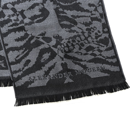 Alexander McQueen Wool Tiger Print Skull Scarf Black Grey 3 of 5
