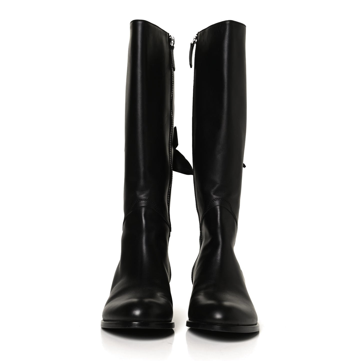 Calfskin Bow Lace Up Back Knee High Tall Boots 39.5 Black