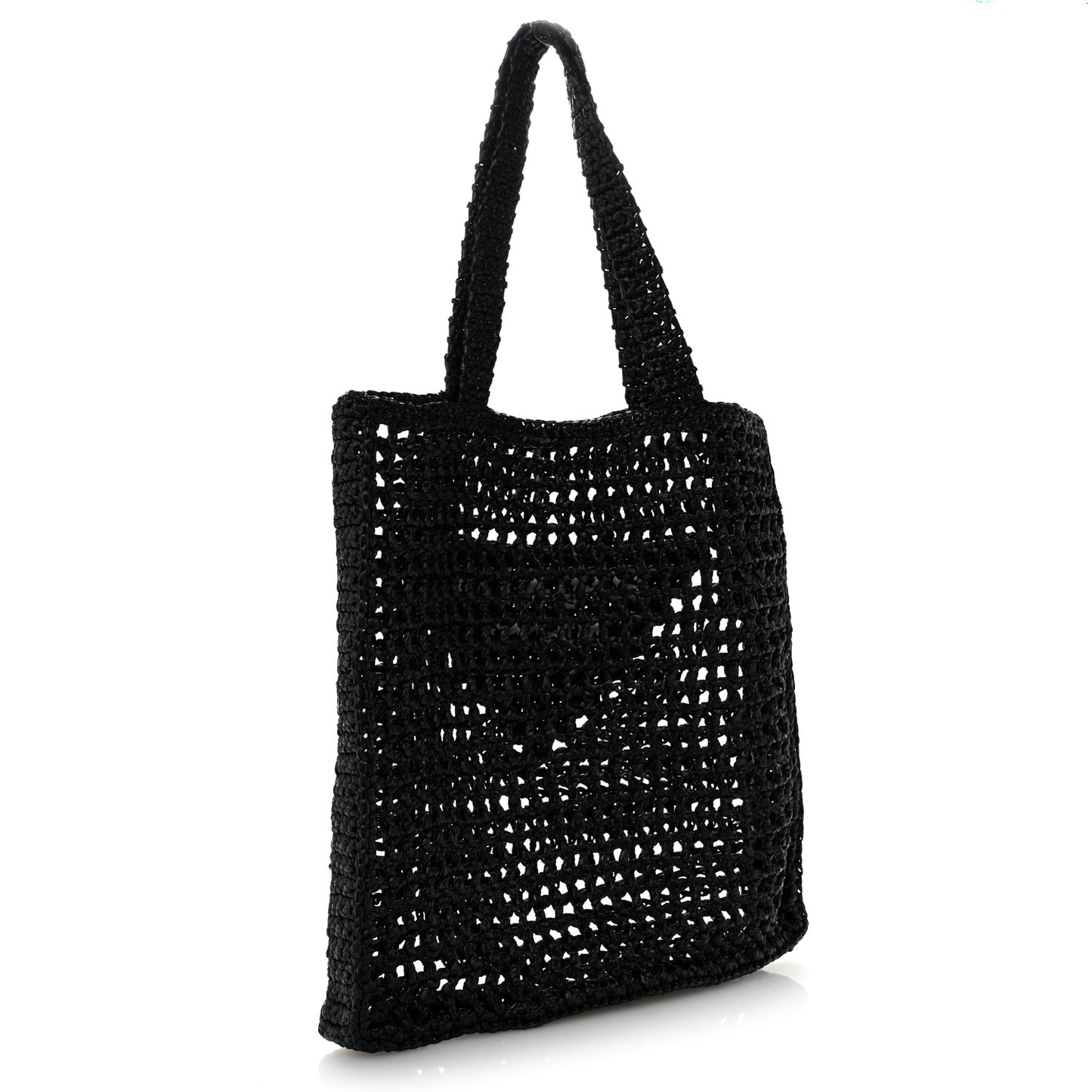 Yarn Raffia Effect Crochet Logo Embroidered Tote Bag Black