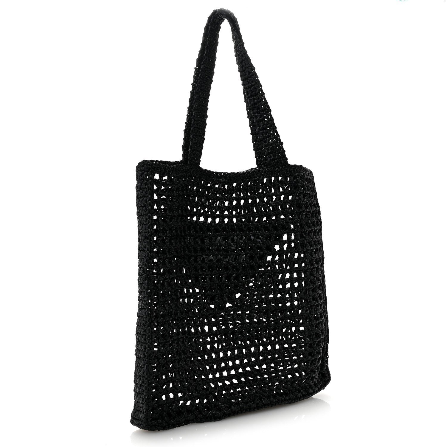 Prada Yarn Raffia Effect Crochet Logo Embroidered Tote Bag Black 3 of 10
