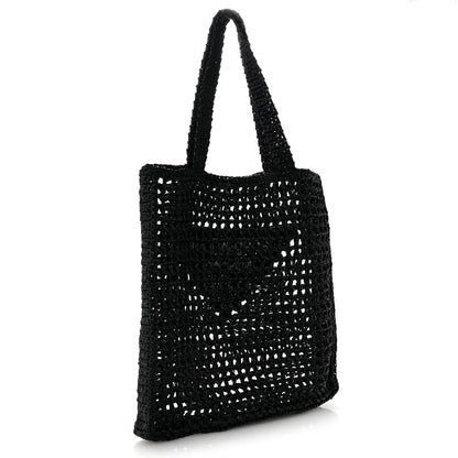 Prada Yarn Raffia Effect Crochet Logo Embroidered Tote Bag Black 3 of 10