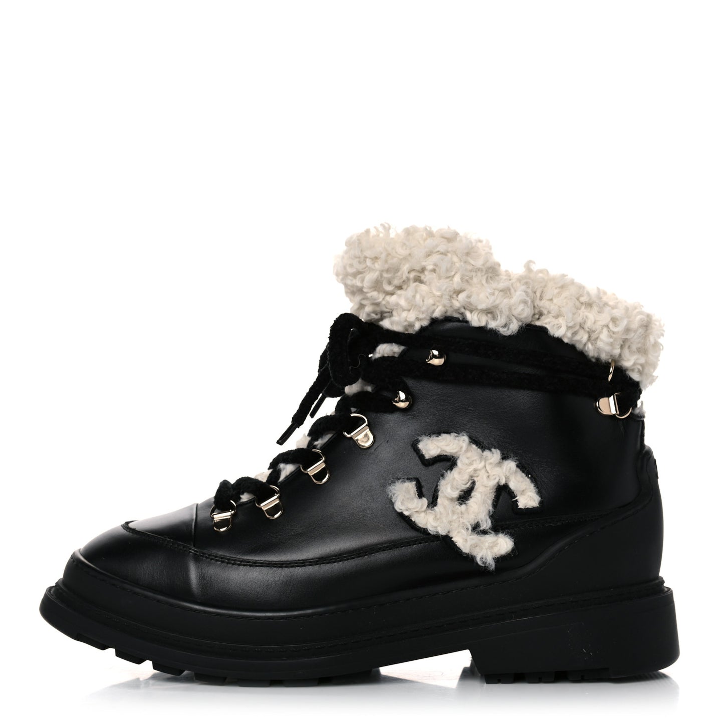 Calfskin Shearling CC Lace Up Boots 41 Black