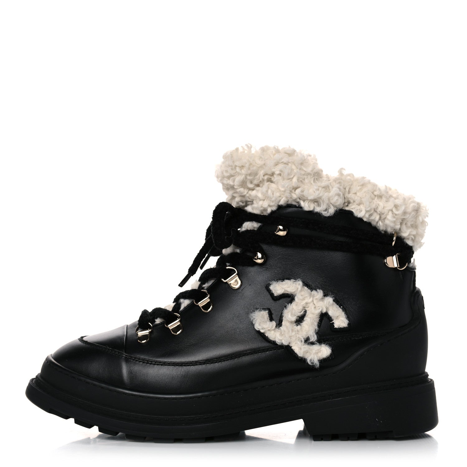 Chanel Calfskin Shearling CC Lace Up Boots 41 Black 1 of 7