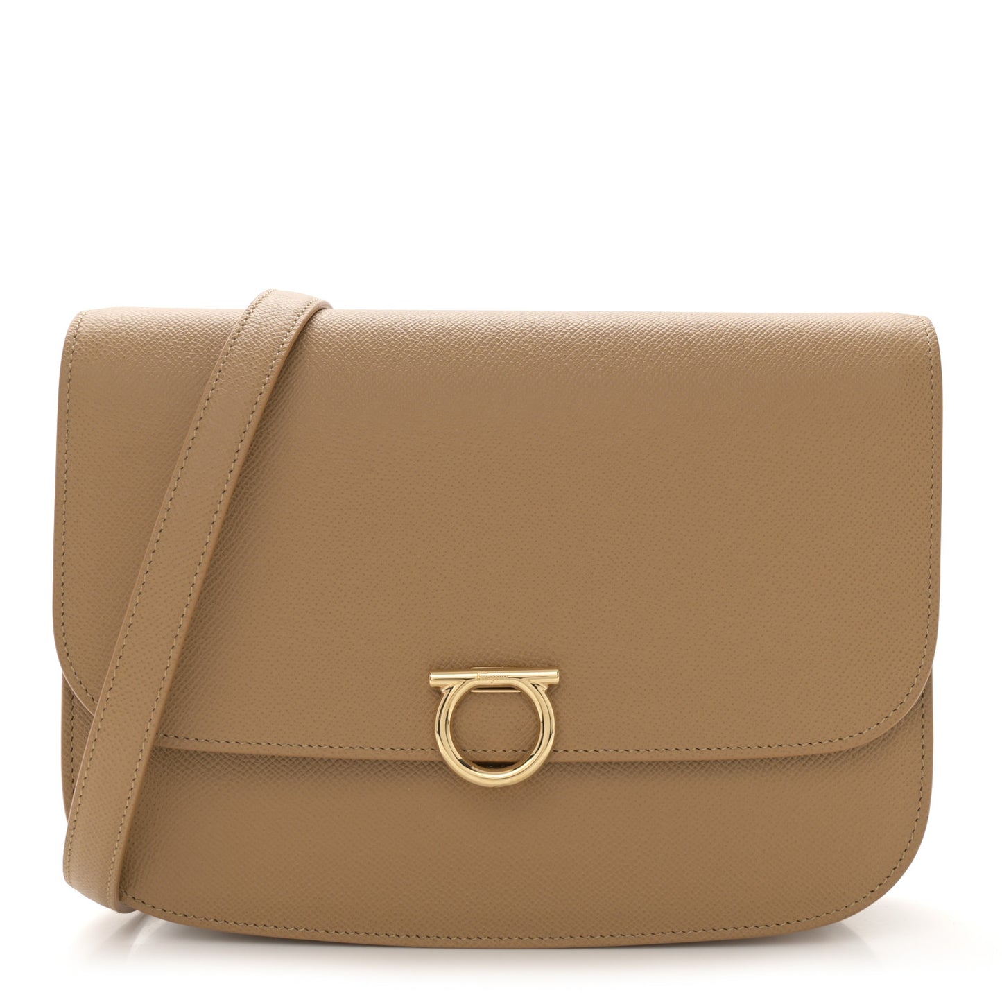 Hammered Calfskin Round Gancini Crossbody Bag Camel