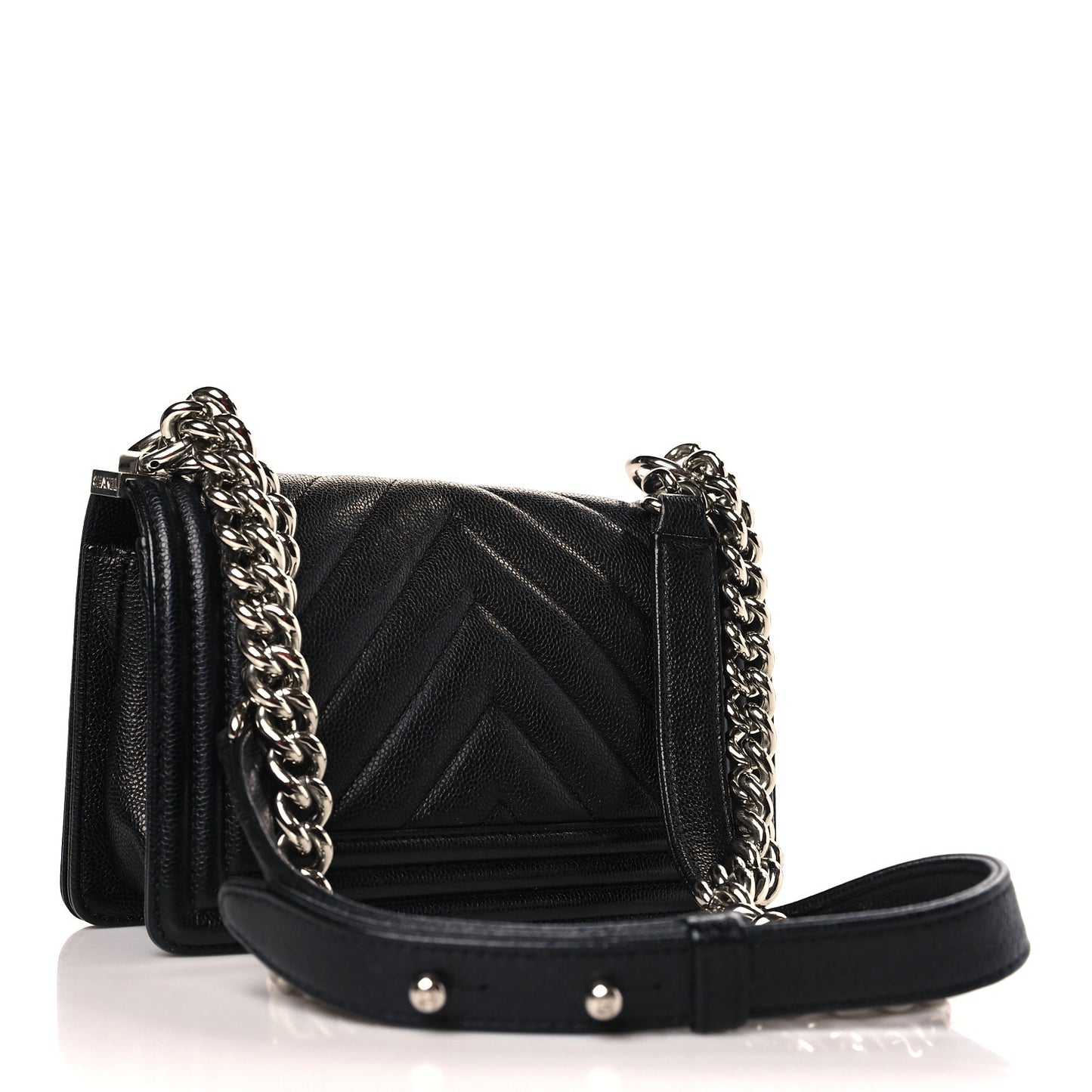 Caviar Chevron Quilted Small Boy Flap Black