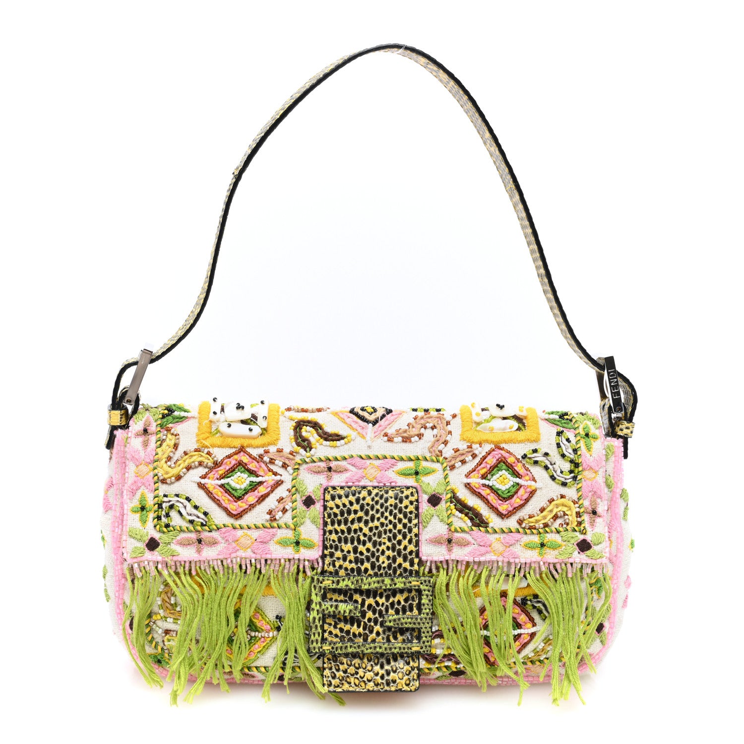 Fendi Canvas Snakeskin Beaded Baguette White Multicolor 1 of 9