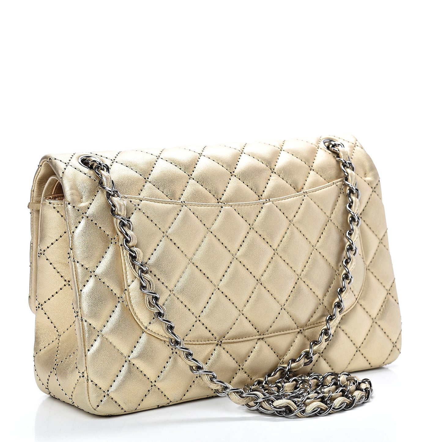 Metallic Washed Lambskin Quilted Jumbo Double Flap Dark Gold Black