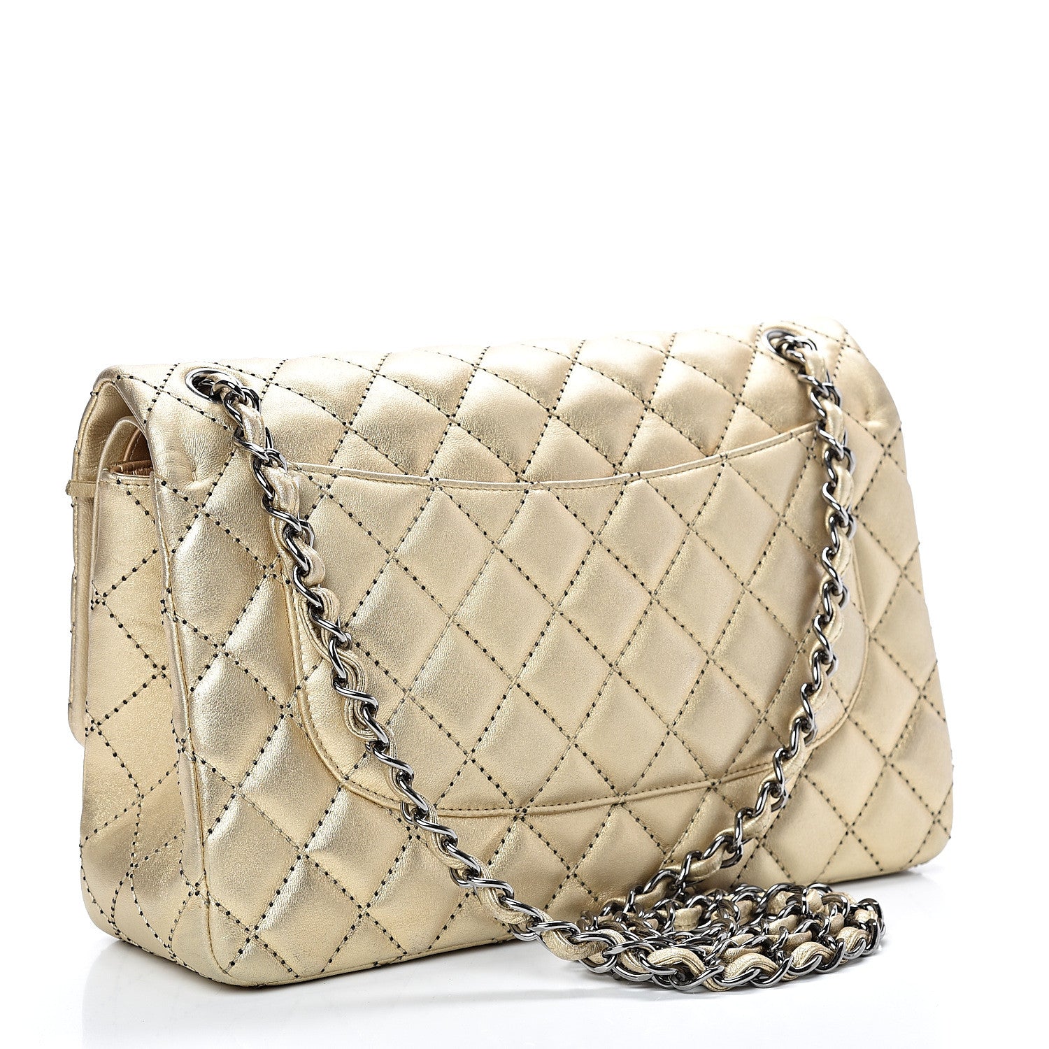 Chanel Metallic Washed Lambskin Quilted Jumbo Double Flap Dark Gold Black 2 of 16