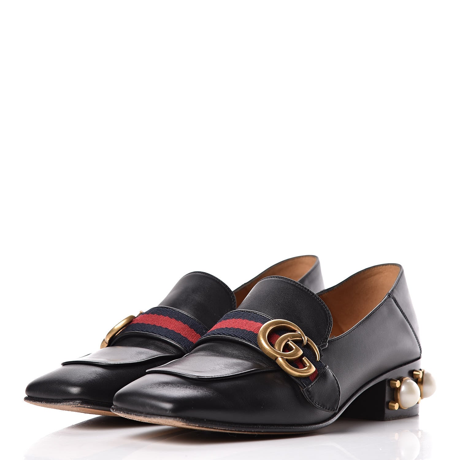 Gucci Betis Glamour Calfskin Web Pearl Embellished Peyton 35mm Loafer Pumps 37 Black 3 of 15