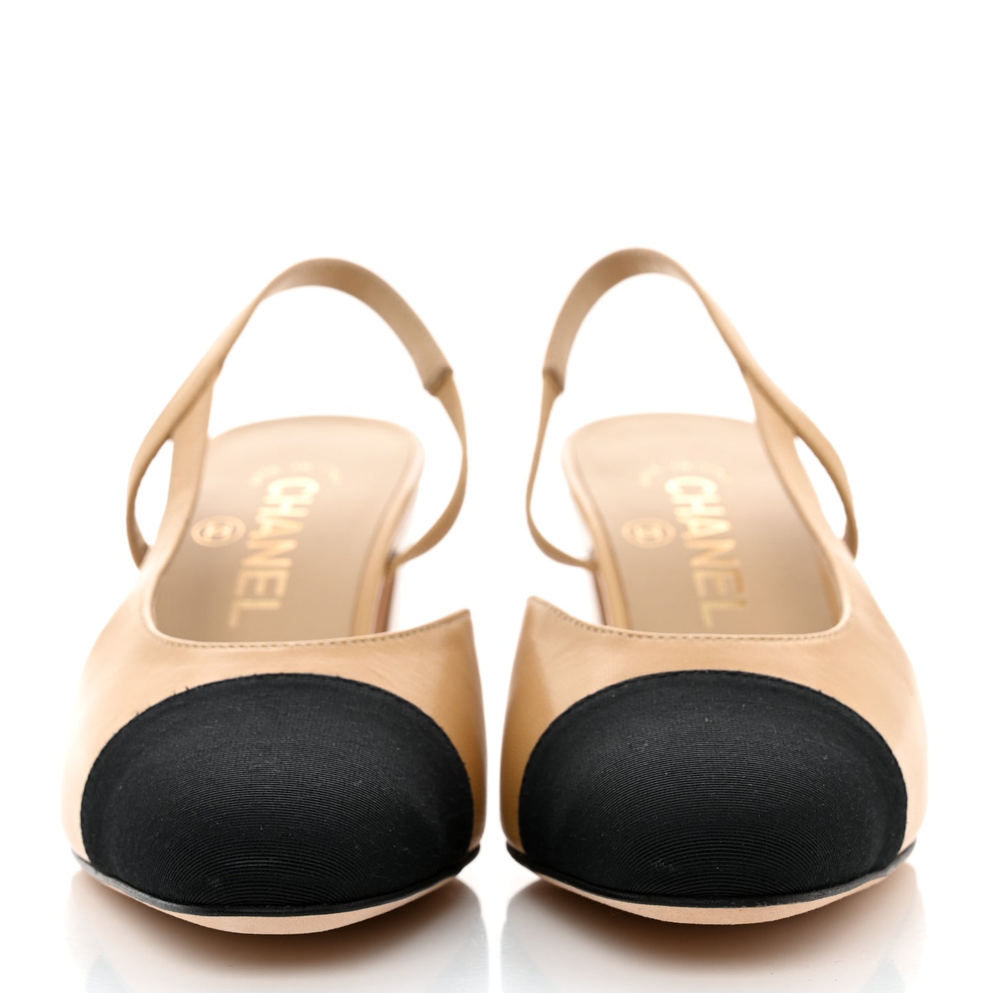 Goatskin Grosgrain Cap Toe CC Slingback Pumps 36 Beige Black