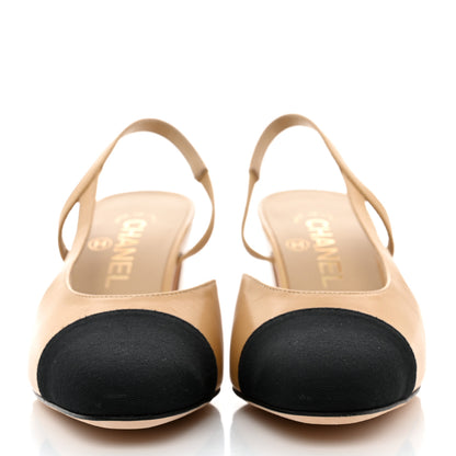 Chanel Goatskin Grosgrain Cap Toe CC Slingback Pumps 36 Beige Black 2 of 8