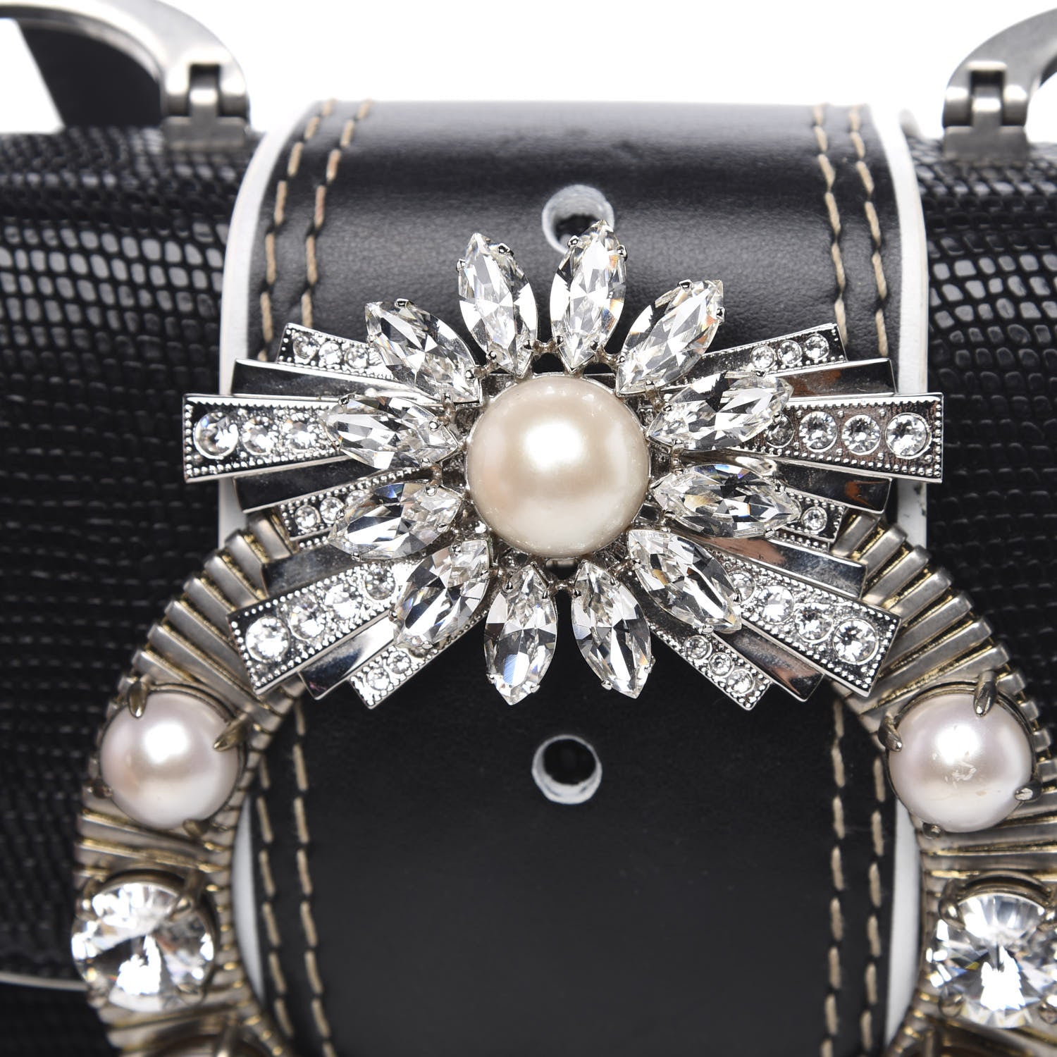 Miu Miu Embossed Lizard Calfskin Crystal Embellished Saint Lucertola Shoulder Bag Black 12 of 14