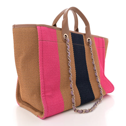 Chanel Straw Raffia Calfskin Striped Medium Deauville Tote Dark Beige Fuchsia Navy Blue 3 of 12