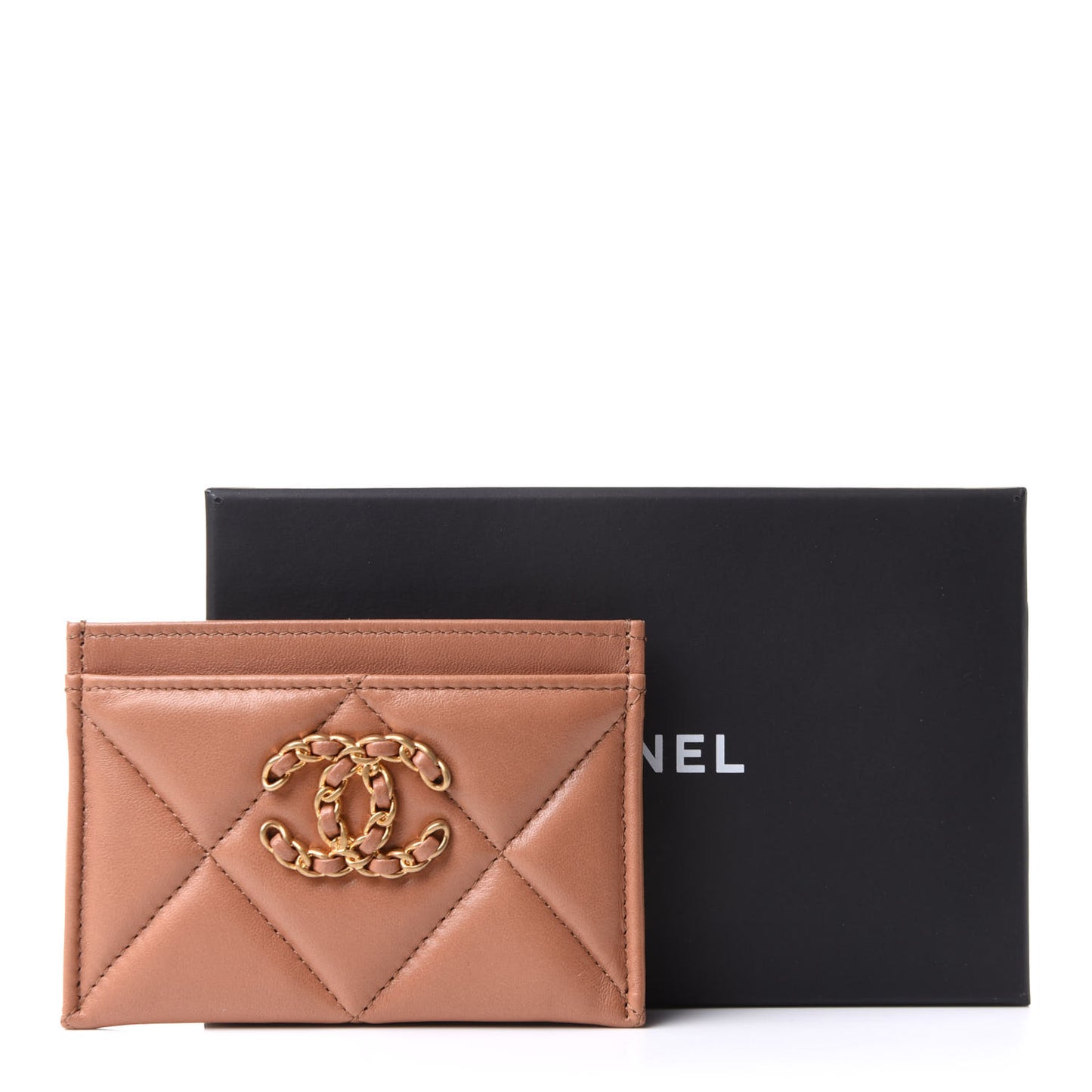 Lambskin Quilted Chanel 19 Card Holder Brown
