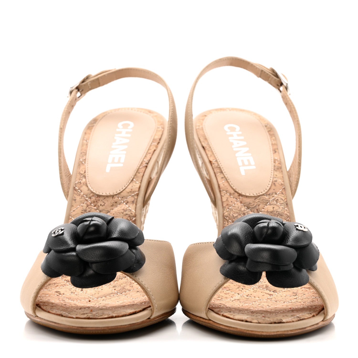 Chanel Lambskin Slingback Camellia Wedge Sandals 40 Beige Black 3 of 12