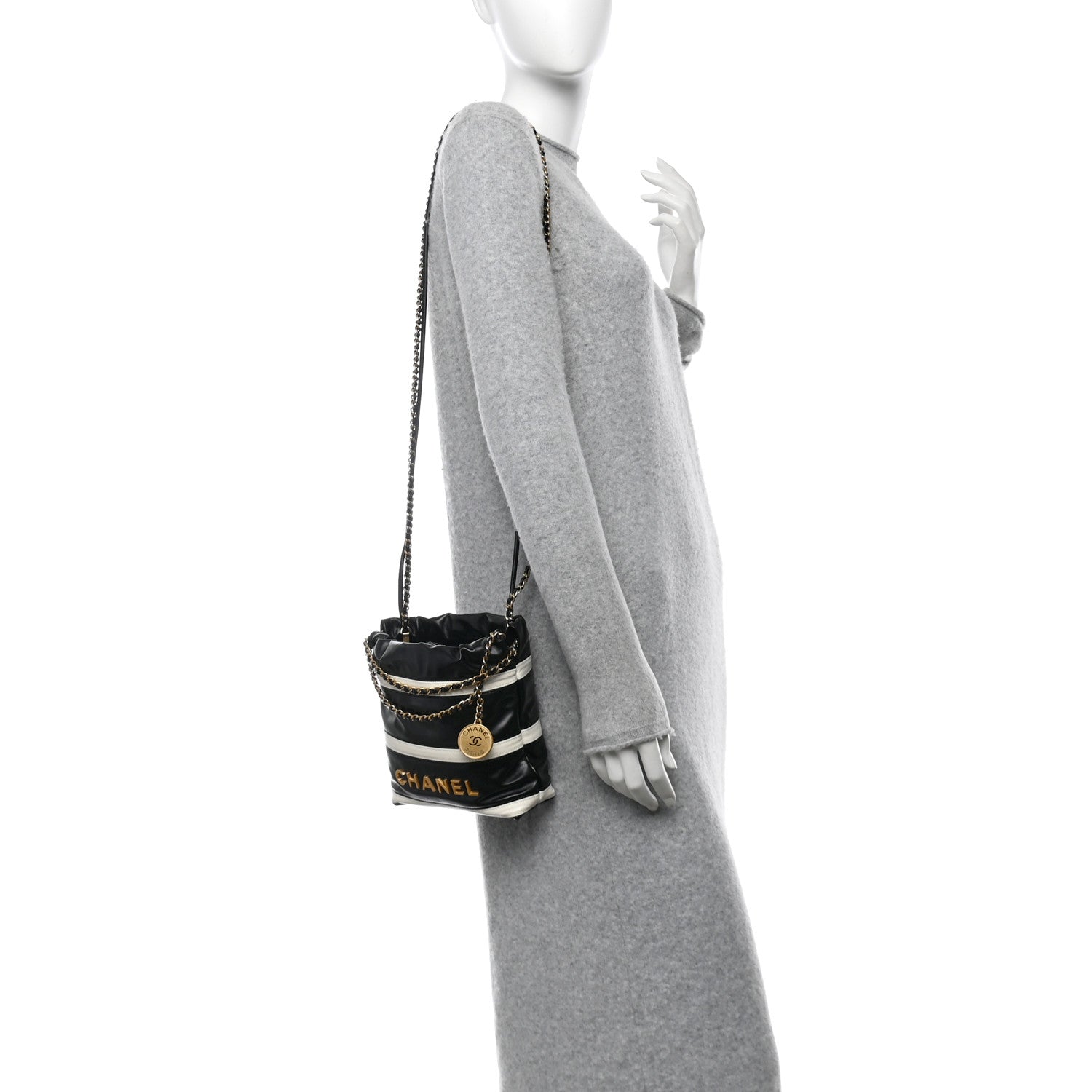 Chanel Shiny Calfskin Striped Mini Chanel 22 Black White 2 of 10