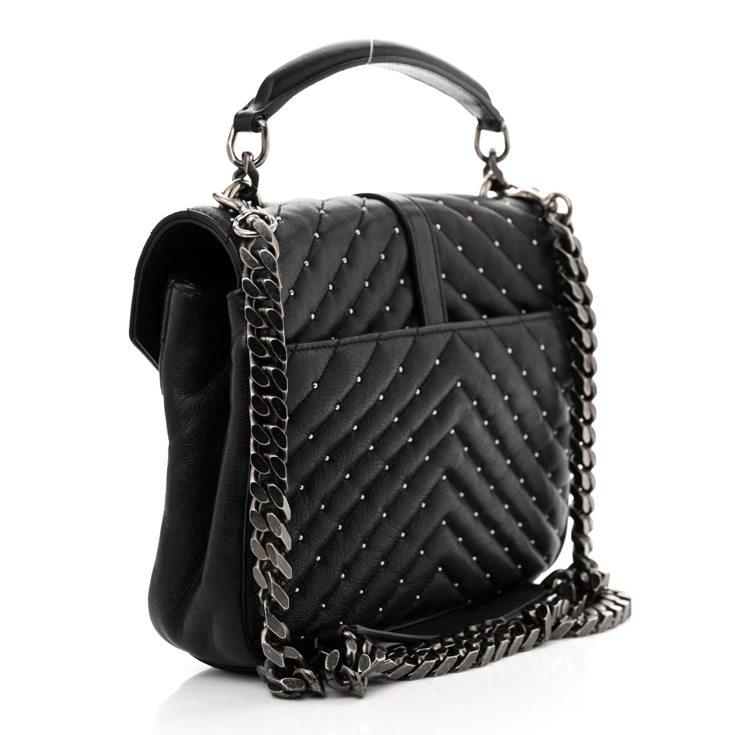 Saint Laurent Lambskin Matelasse Chevron Studded Monogram Medium College Bag Black 2 of 7