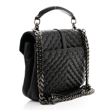 Saint Laurent Lambskin Matelasse Chevron Studded Monogram Medium College Bag Black 2 of 7