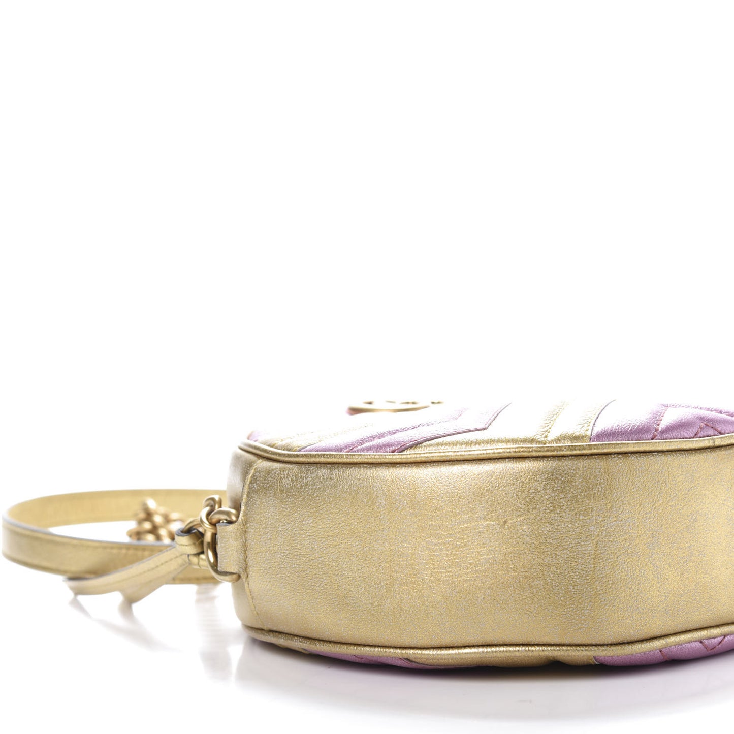 Metallic Calfskin Matelasse Mini GG Marmont Round Shoulder Bag Gold Pink