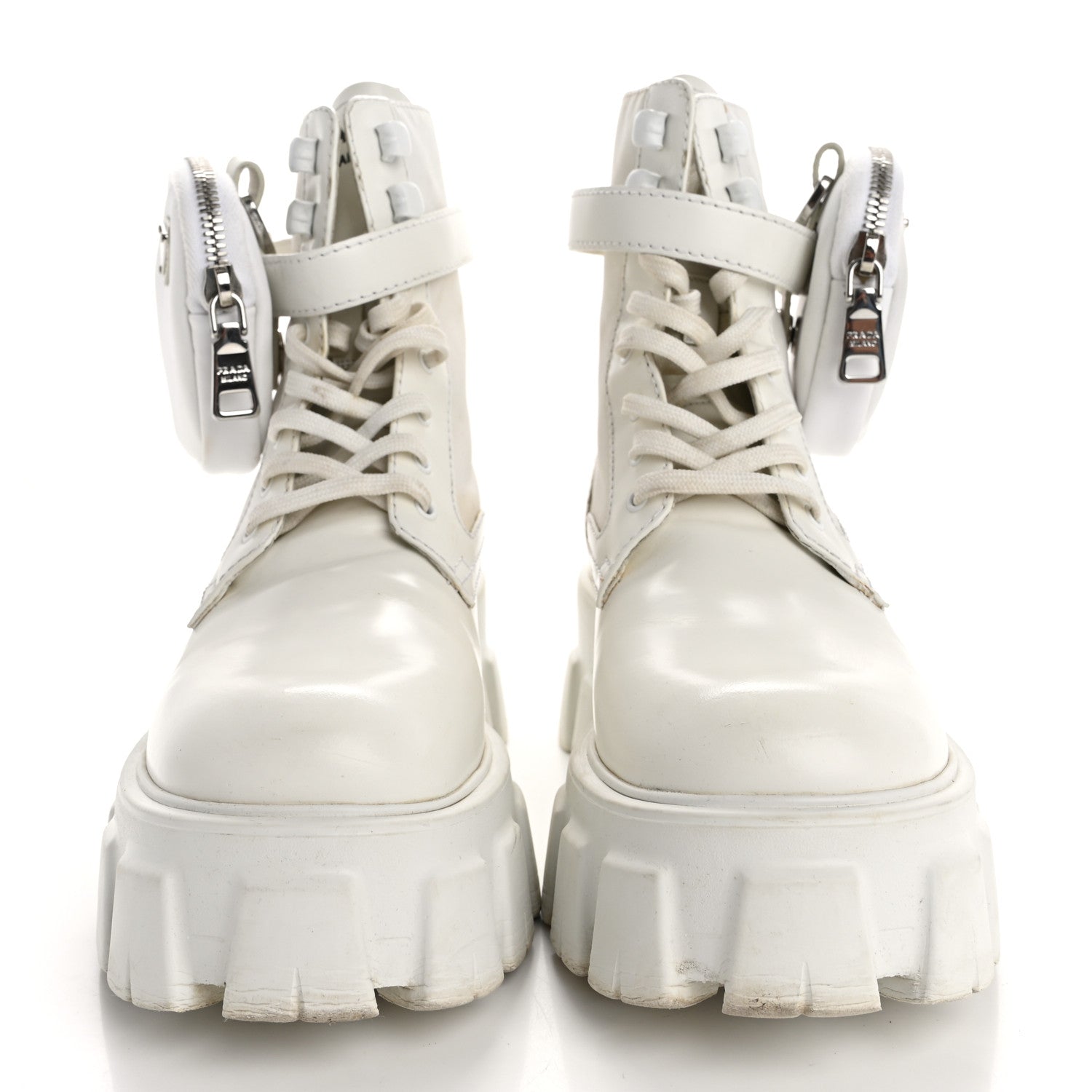 Prada Spazzolato Rois Re-Nylon Metal Triangle Logo Monolith Pouch Pocket 55mm Boots 36 White 2 of 14