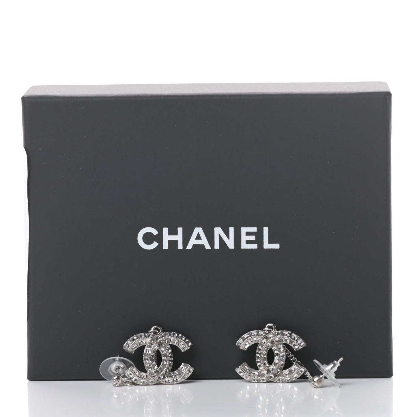 Baguette Crystal CC Drop Earrings Silver