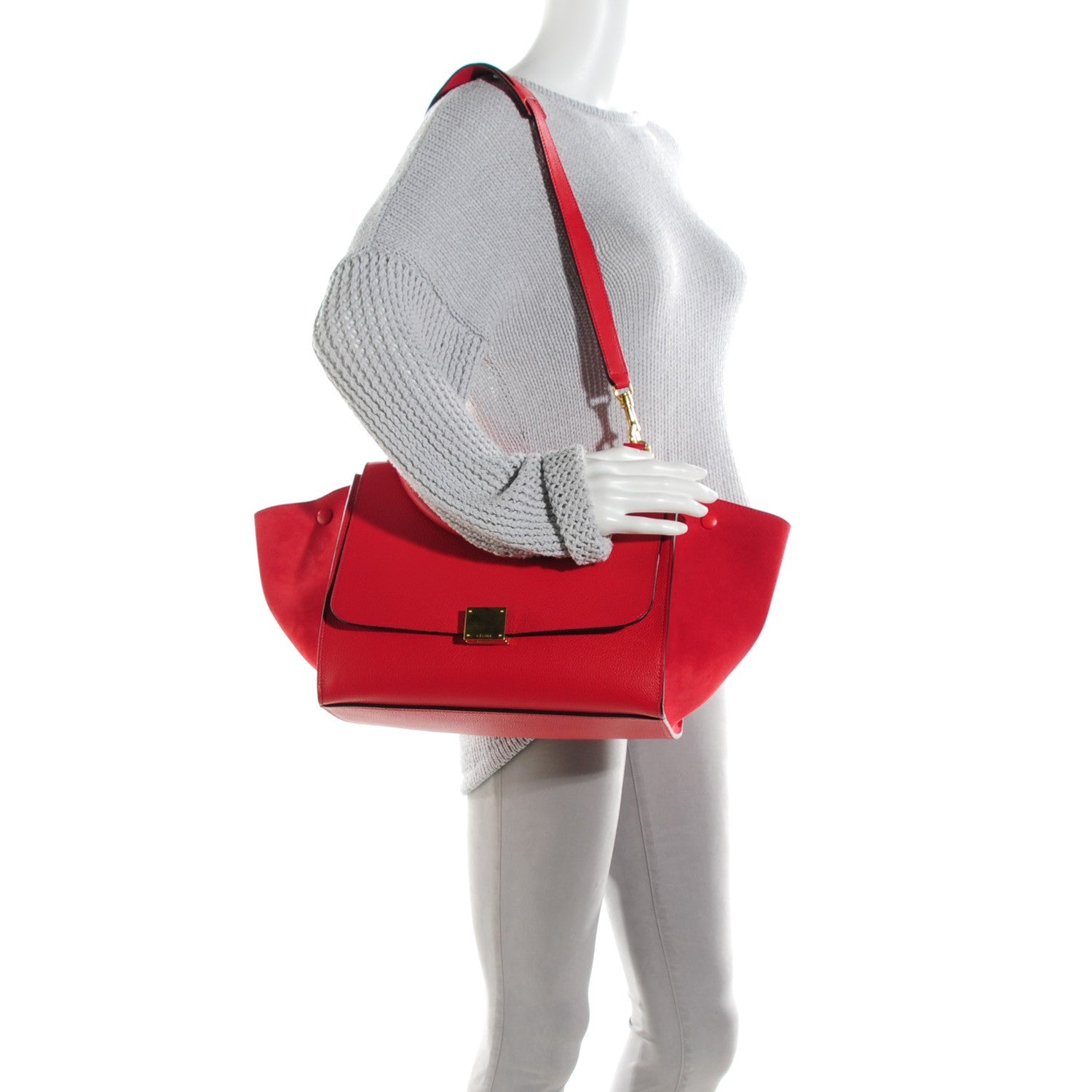 Celine Drummed Calfskin Suede Medium Trapeze Coquelicot 2 of 8