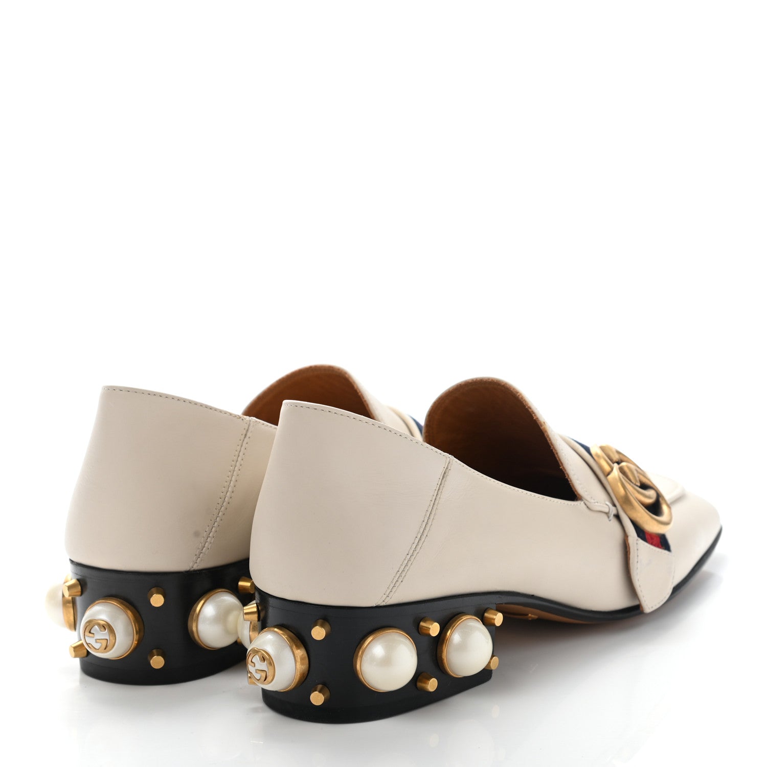 Gucci Betis Glamour Calfskin Web Pearl Embellished Peyton 35mm Loafer Pumps 35 White 4 of 13