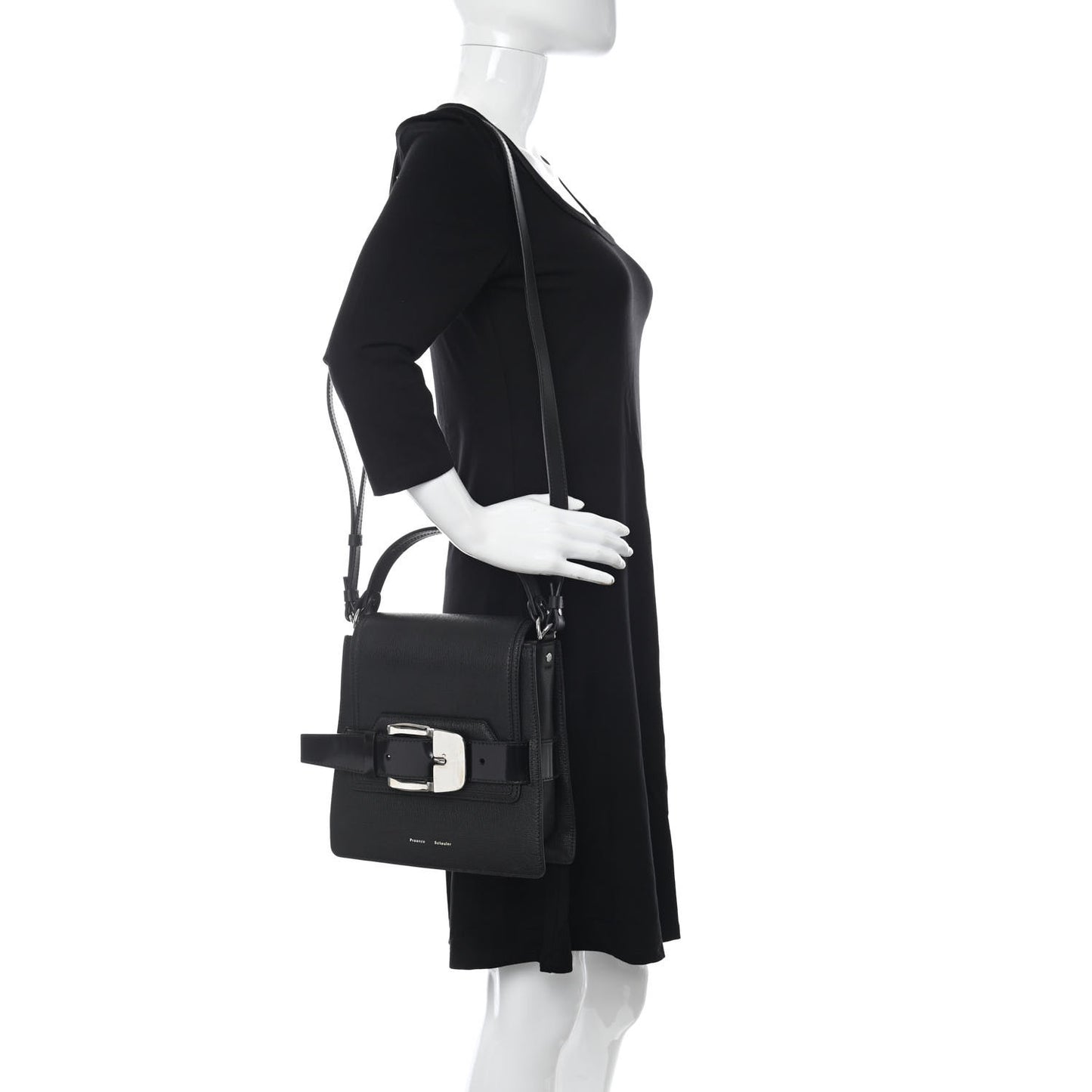 Embossed Grained Calfskin Buckle Trapeze Bag Black