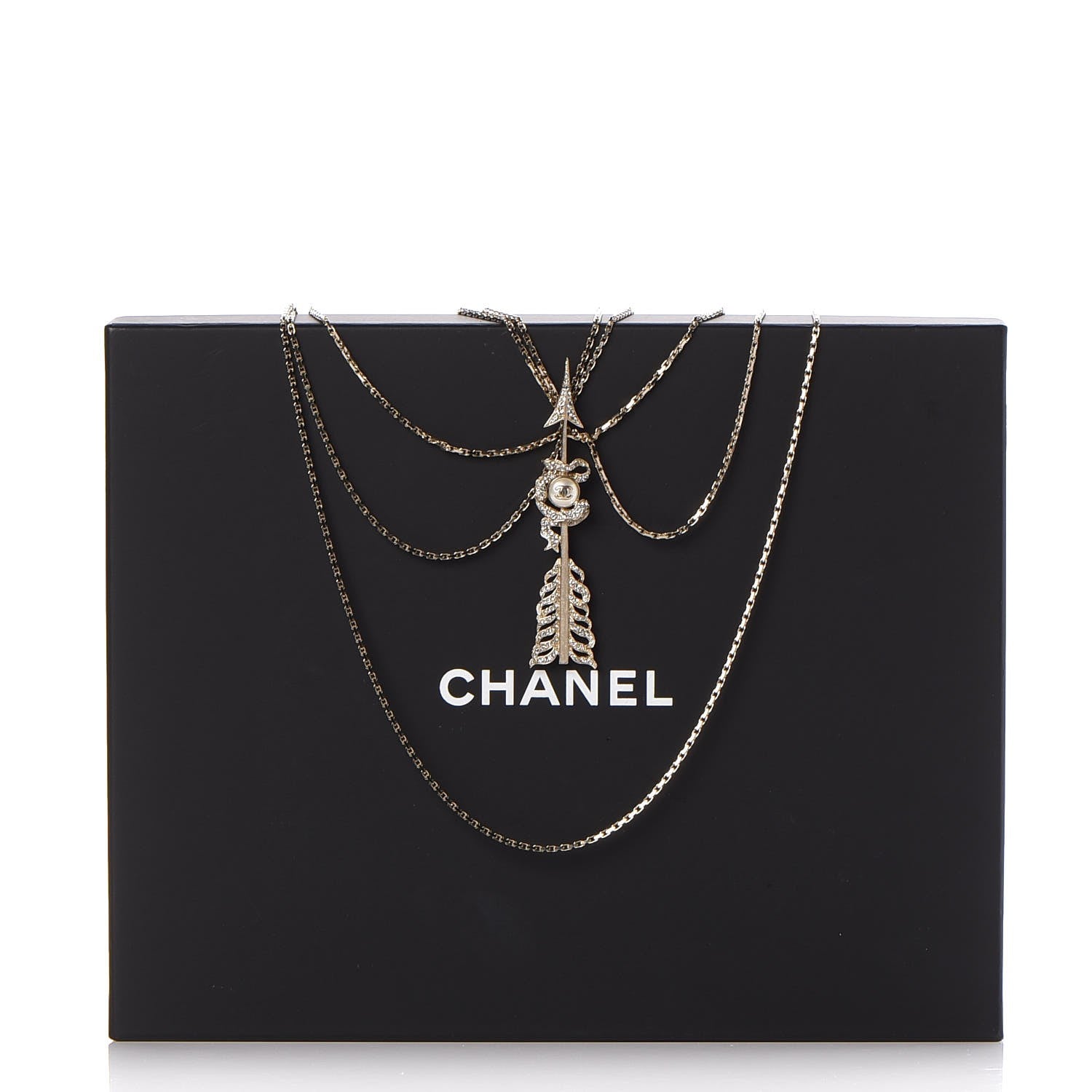 Chanel Crystal Pearl Multi Strand Chain CC Arrow Necklace Gold 7 of 7