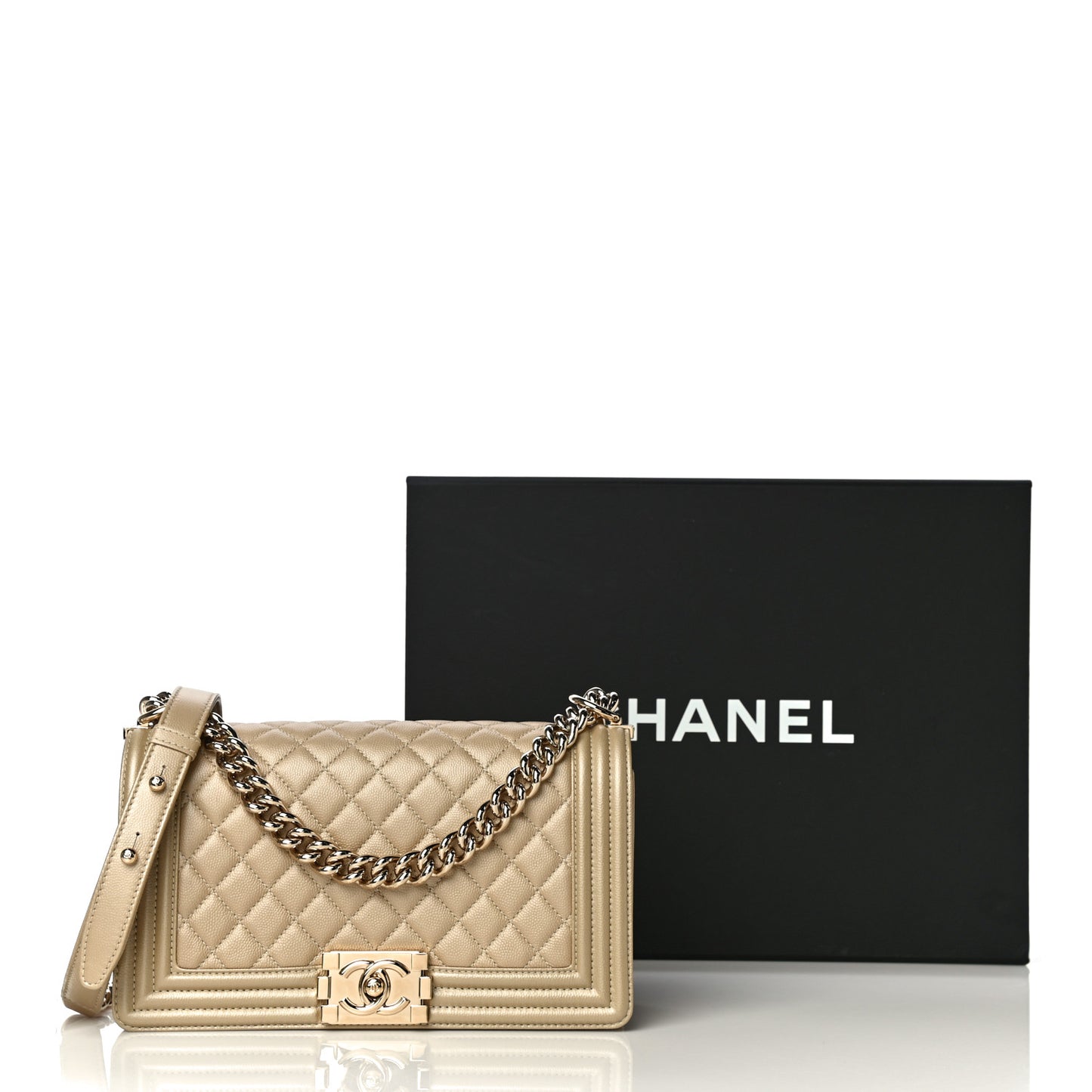 Metallic Caviar Quilted Medium Boy Flap Light Gold