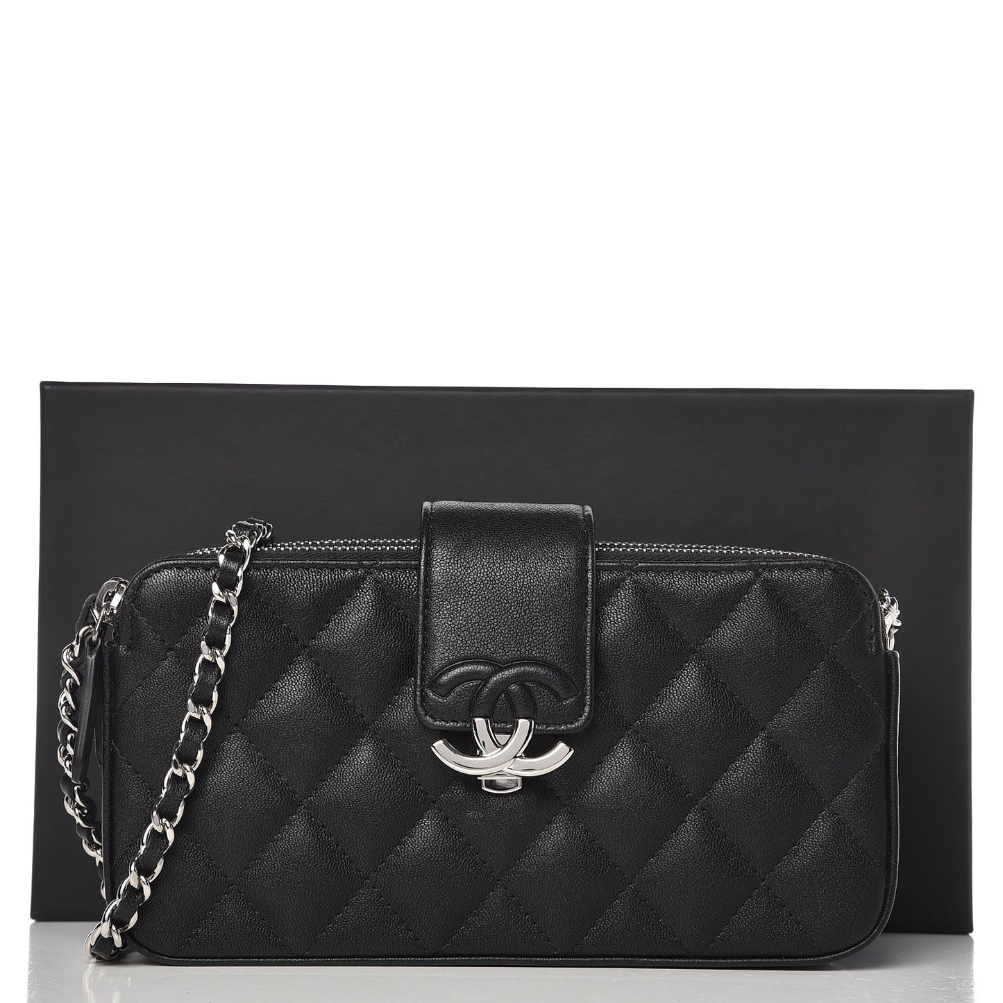 Caviar Quilted CC Box Clutch With Chain Black