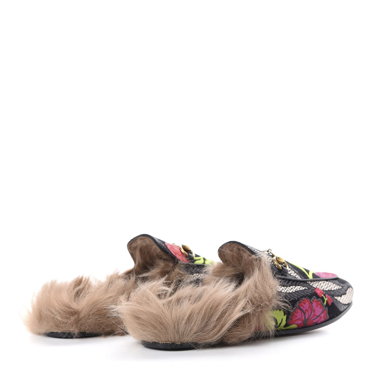 Brocade Fur Floral Womens Princetown Slippers 39.5 Black Anthracite