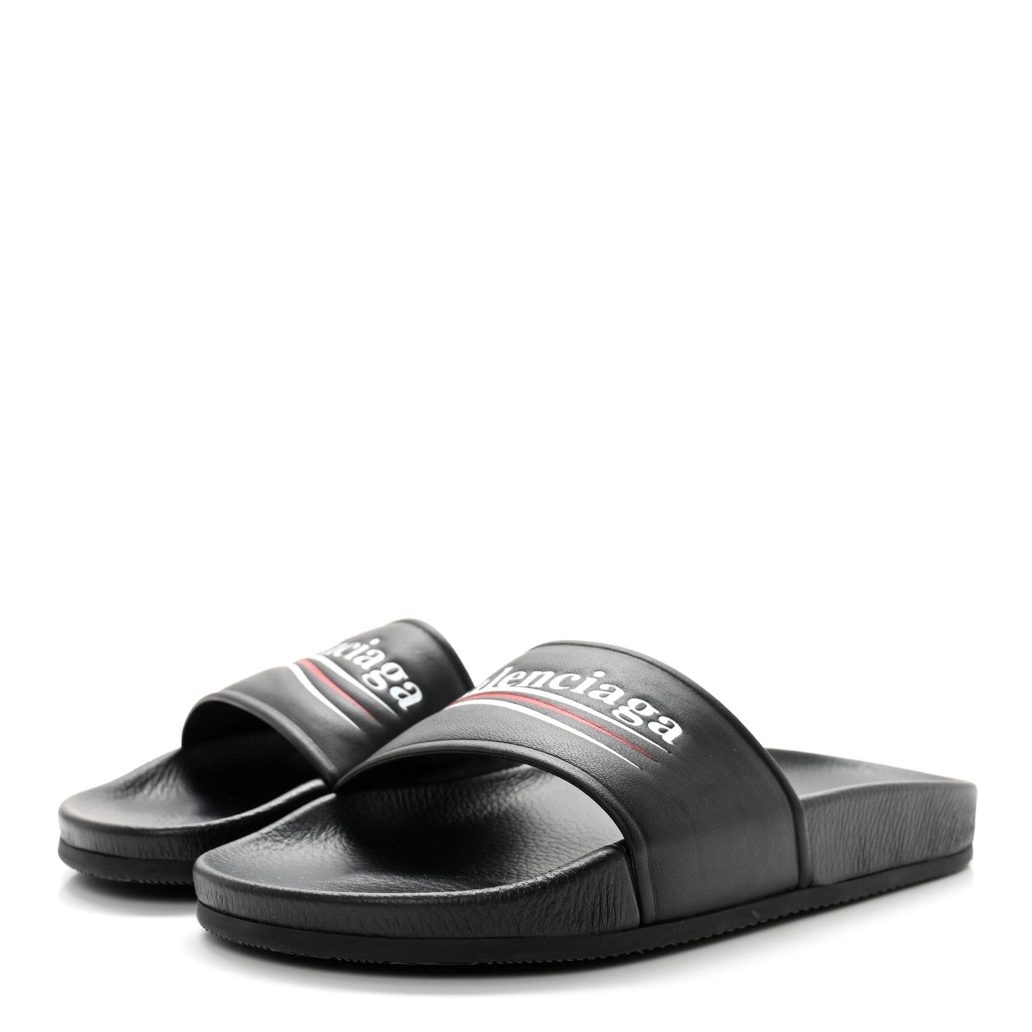 Balenciaga Nappa Political Campaign Logo Womens Pool Slide Sandals 38 Black White Vermillon 3 of 8