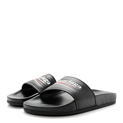 Balenciaga Nappa Political Campaign Logo Womens Pool Slide Sandals 38 Black White Vermillon 3 of 8