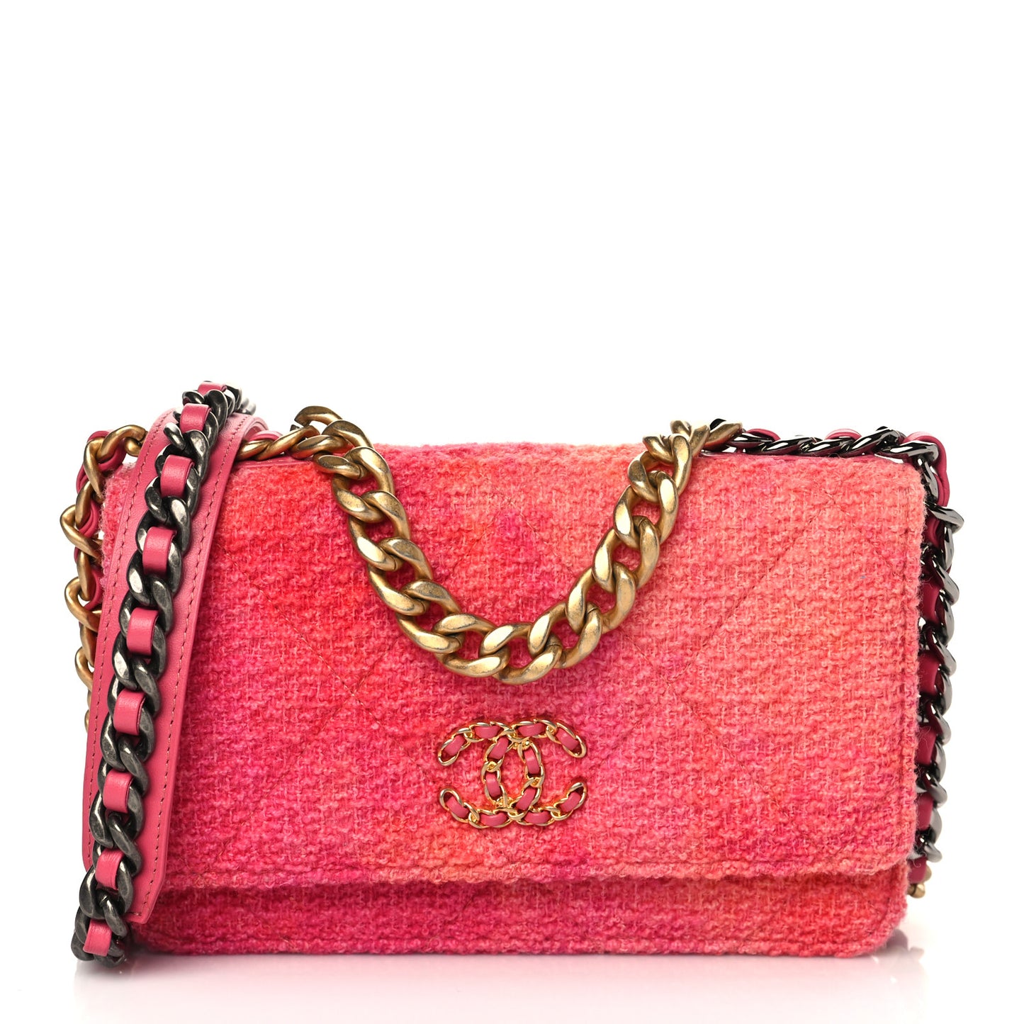 Wool Tweed Lambskin Quilted Chanel 19 Wallet On Chain WOC Coral Pink