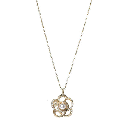 Chanel Crystal Pearl Camellia Necklace Gold 1 of 7
